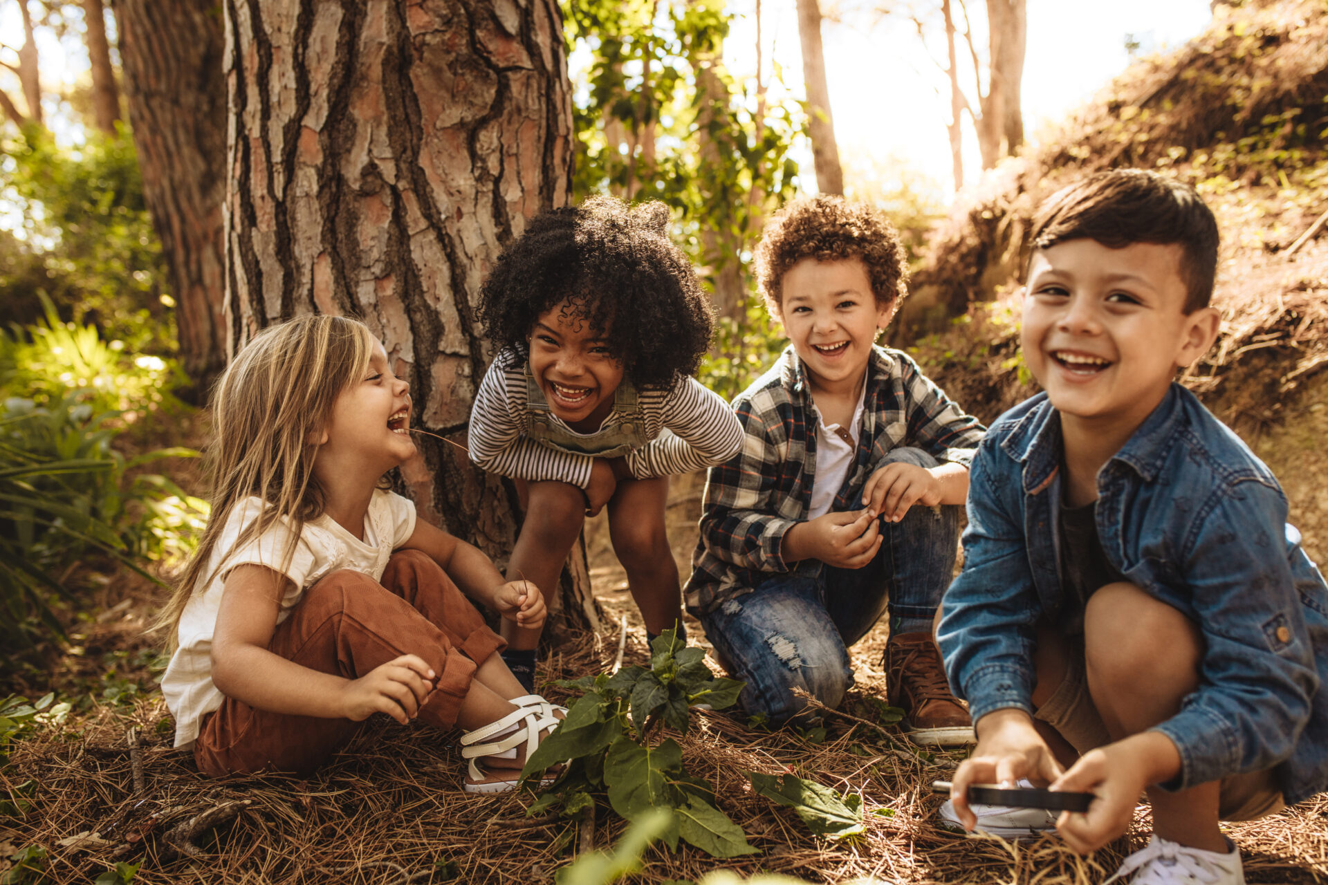 Eine Gruppe von lachenden Kindern spielt im Wald